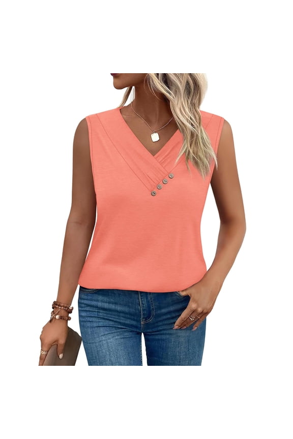 Womens Summer V - Neck Sleeveless Top, Coral, Loose Fit, Breathable Fabric, Casual Daily & Weekend Outing, Versatile Tank Top