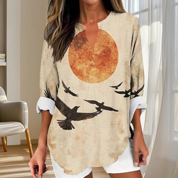 Njagoc3 Womens Sunset & Birds Print Shirt, Lightweight Linen Blend, V-Neck, Summer Beach Vacations, Coastal Sunsets & Casual Outings