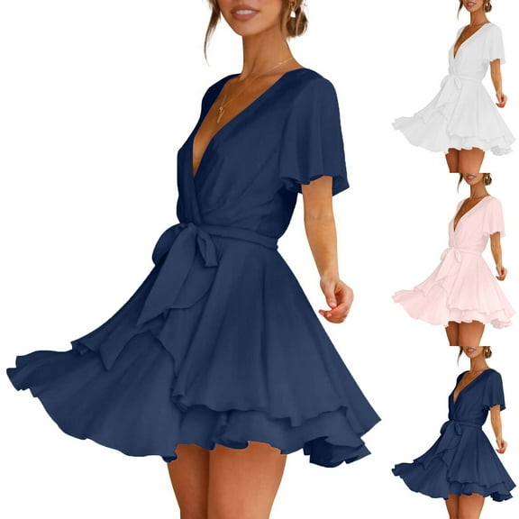 Njagoc3 Womens Sweet Chiffon Dress Water-Soluble Lace V-Neck Short Sleeve Bell Sleeves Cut-Out Tie Detail Boho Beach Party Dress