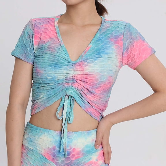 Njagoc3 Womens Sweet Tie-Dye Short Sleeve Casual Active Tank Top - Deep V-Neck Drawstring Design for Yoga, Dance, Ballet, Beach & Party - No Padding