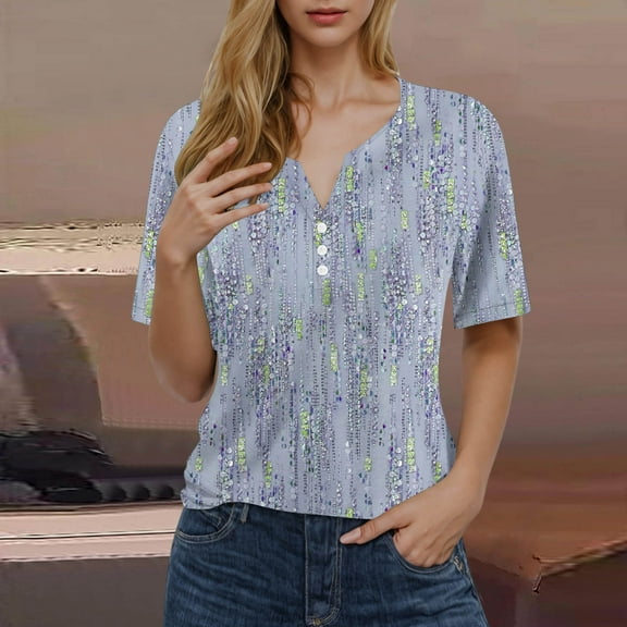 Njagoc3 Womens T-Shirt Printed V-Neck Button Loose Short Sleeve Tops