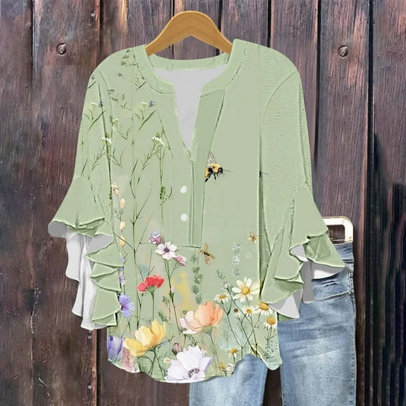 Njagoc3 Womens Textured Knit Top - Summer Lightweight Pullover with Floral Embroidery | Stretch Viscose Blend, Balloon Sleeves | Sage Green/Cream Colorblock for Daily Wear