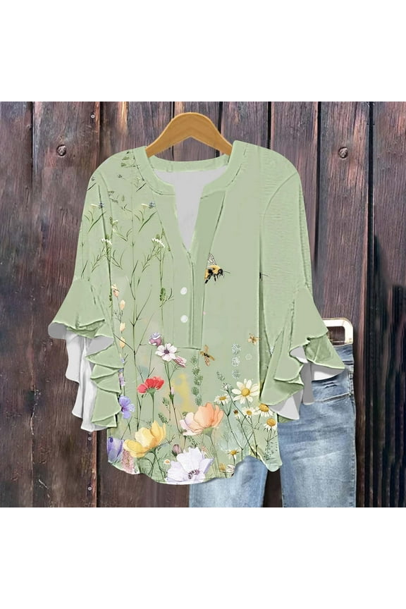 Womens Textured Knit Top - Summer Lightweight Pullover with Floral Embroidery | Stretch Viscose Blend, Balloon Sleeves | Sage Green/Cream Colorblock for Daily Wear