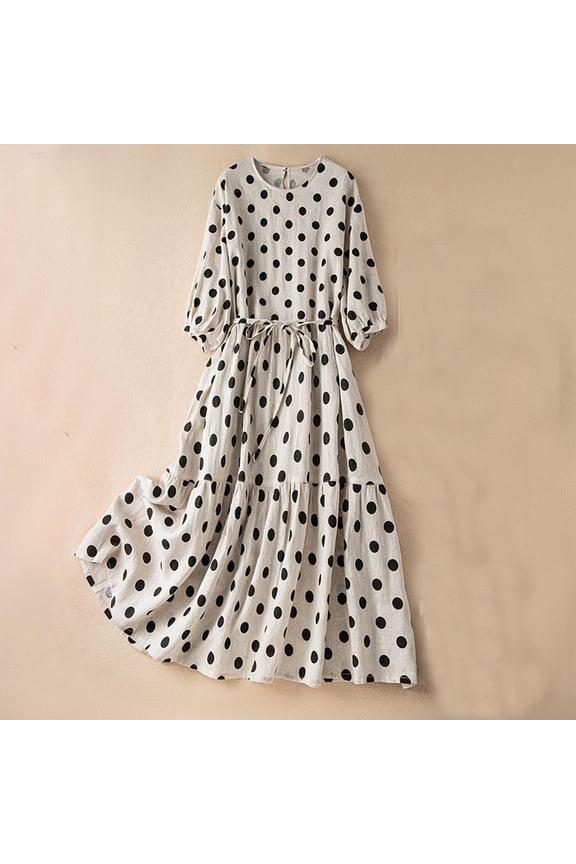 Womens Three-Quarter Sleeve Polka Dot A-Line Dress - Round Neck, Flowy Fabric, Summer Retro Look