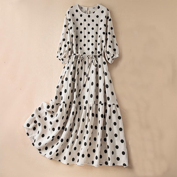 Njagoc3 Womens Three-Quarter Sleeve Polka Dot A-Line Dress - Round Neck, Flowy Fabric, Summer Retro Look