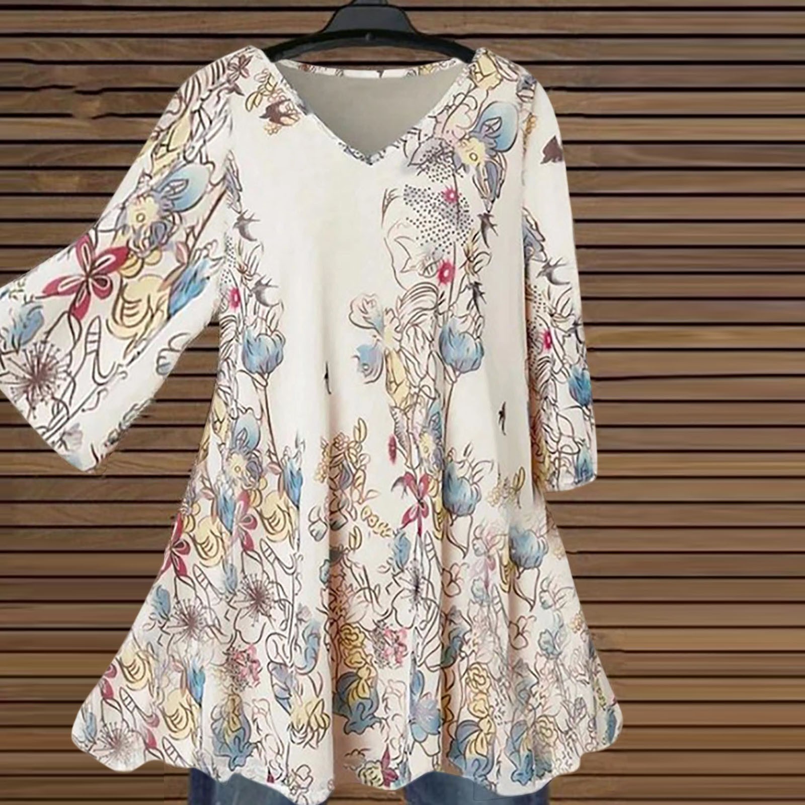 Three Quarter Sleeve Summer Blouse With V Neck 01012550109