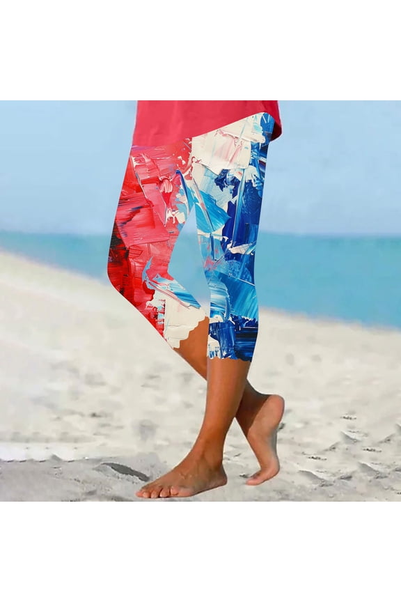 Womens Tie - Dye American Flag Beach Capris, Loose Fit, Quick - Dry Fabric, Casual Summer Festival & Beach Wear