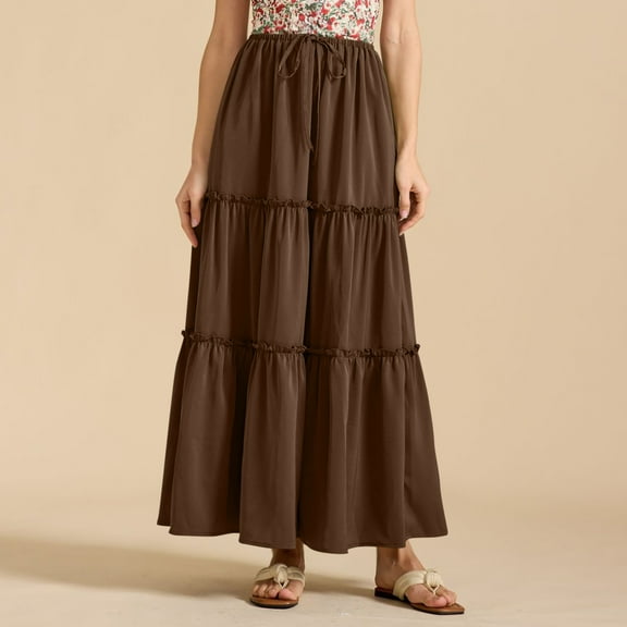 Njagoc3 Womens Tiered Maxi Skirt, Solid Color, Boho Style for Summer Music Festivals & Beach Getaways