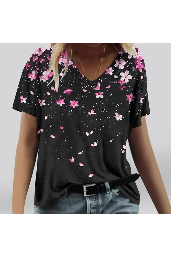 Womens Tiny Floral Print V-Neck Blouse Lightweight Short Sleeve Boho Chic Top
