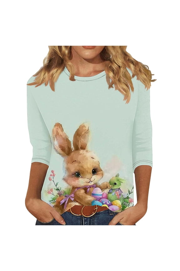 Womens Tops New Easter Printed Round Neck Pullover 3/4 Sleeve Casual Blouses