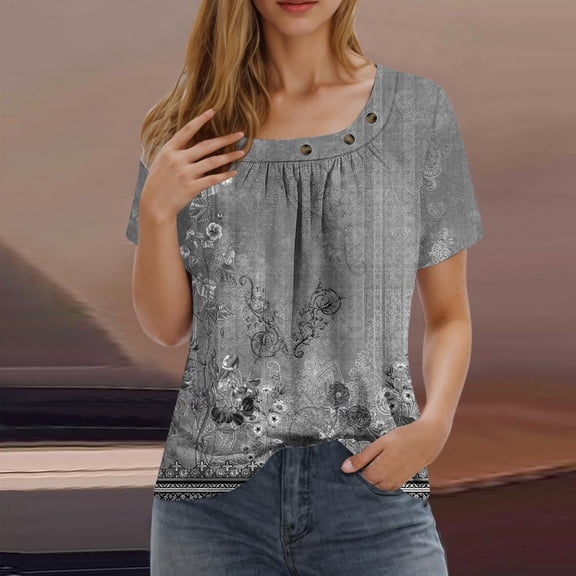 Njagoc3 Womens Tops Petal Short Sleeve Summer Casual Crew Neck Shirts Floral Solid Blouse Pleated Tunics