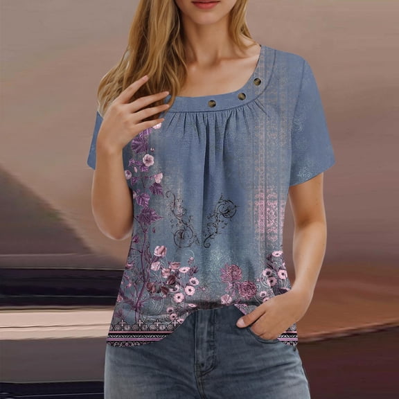 Njagoc3 Womens Tops Petal Short Sleeve Summer Casual Crew Neck Shirts Floral Solid Blouse Pleated Tunics
