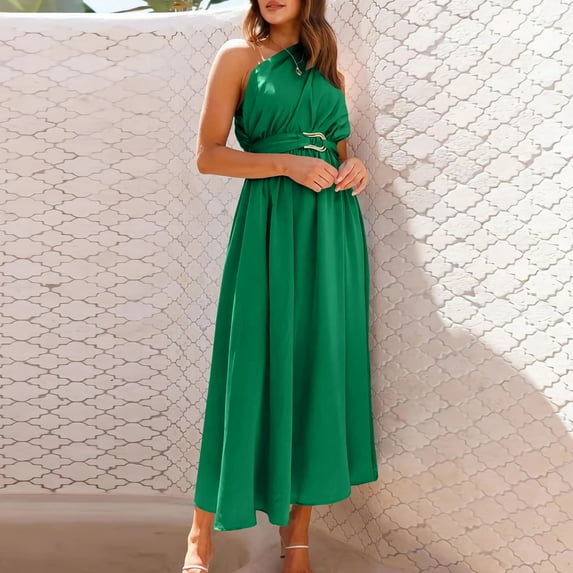 Njagoc3 Womens Trendy Fitted Sleeveless One-Shoulder Waist Tie Detail Solid Color Formal Maxi Dress for Events & Evening