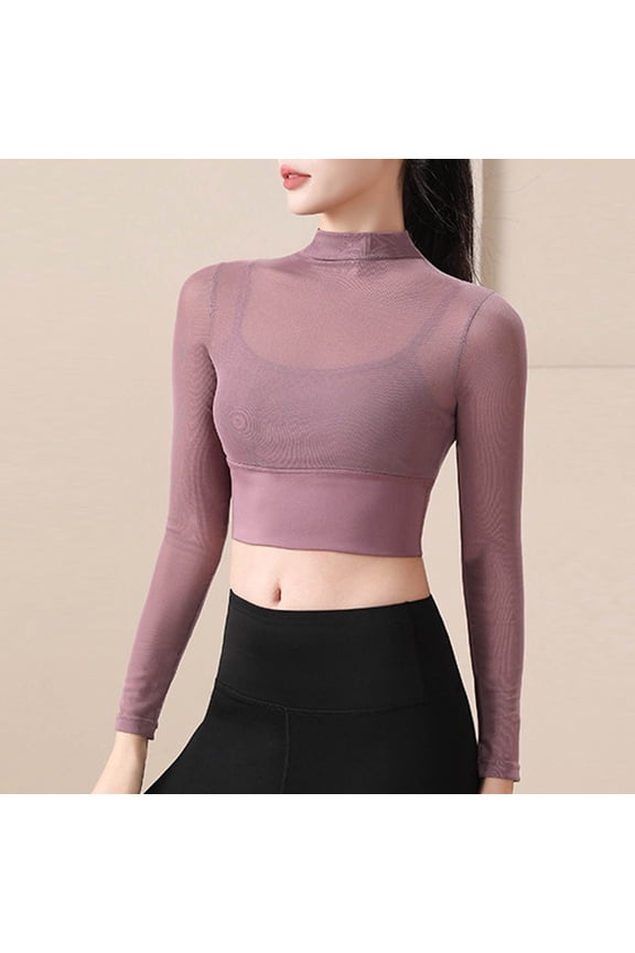 Womens Turtleneck Sheer Mesh Crop Top, Stretchy Polyester, Long Sleeves, Summer Layering, Dance Classes & Casual Nights Out