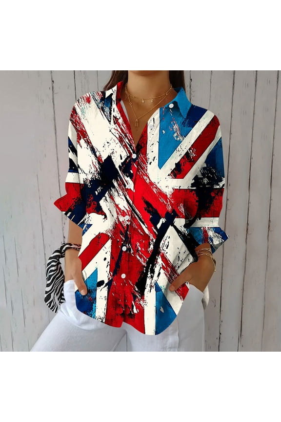 Womens Union Jack Print Shirt, Lightweight Polyester, Roll-Up Sleeves, Summer British Events, Casual Outings & Travel Days