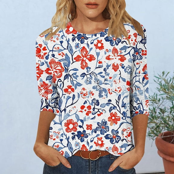 Njagoc3 Womens V - Neck 3/4 Flared Sleeve Shirt, Vintage - Inspired Floral Embroidery, Timeless Style for Summer&Fall Casual Wear