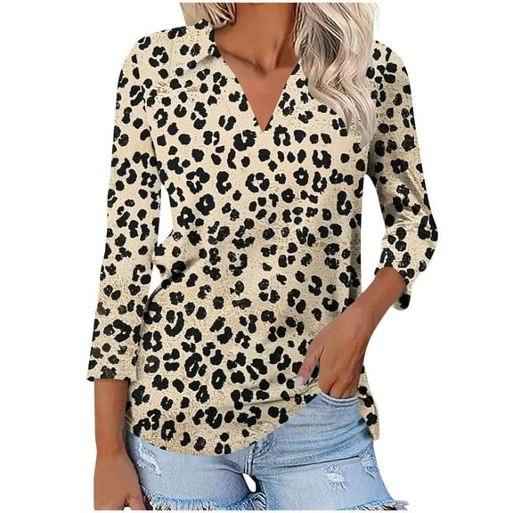 Njagoc3 Womens V - Neck 3/4 Sleeve Blouse, Leopard Print Loose Fit Top, Edgy for Night Outs
