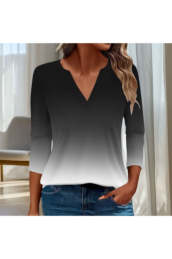 Womens V - Neck 3/4 Sleeve Blouse, Pink - Purple Ombre Print Multi - Pack Tops, Trendy for Summer Vacations