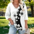 thumbnail image 1 of Njagoc3 Womens V - Neck 3/4 Sleeve Shirt, Black - White Floral Print Top, Romantic for Casual Wear, 1 of 6