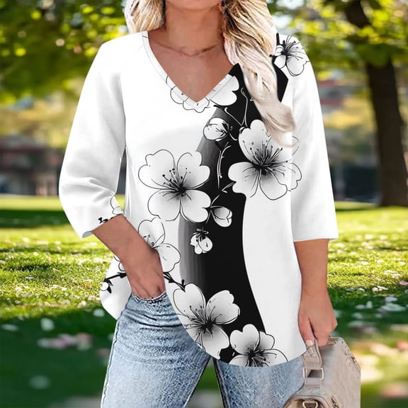 Njagoc3 Womens V - Neck 3/4 Sleeve Shirt, Black - White Floral Print Top, Romantic for Casual Wear