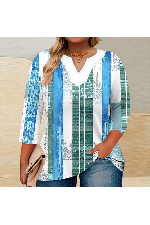 Womens V - Neck 3/4 Sleeve Shirt, Blue - Green Patchwork Plaid Print Top, Preppy for Weekend Trips