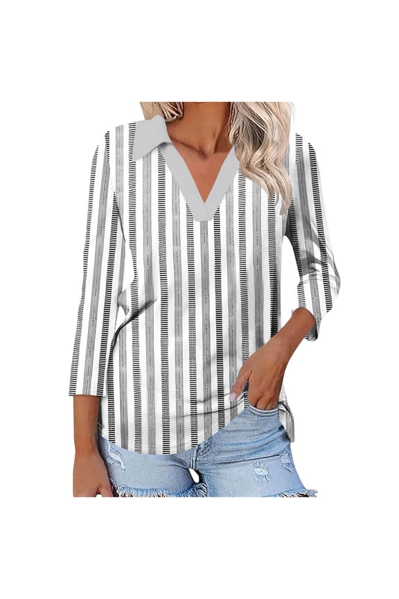 Womens V - Neck 3/4 Sleeve Top, Black - White Vertical Stripe Print Shirt, Classic for Office Days