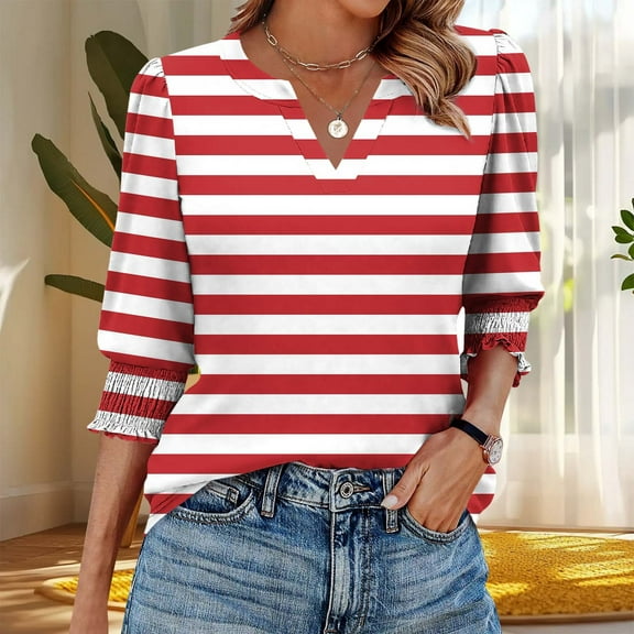 Njagoc3 Womens V - Neck 3/4 Sleeve Top, Red & White Striped Print Shirt, Classic for Summer Casual Wear & Picnics
