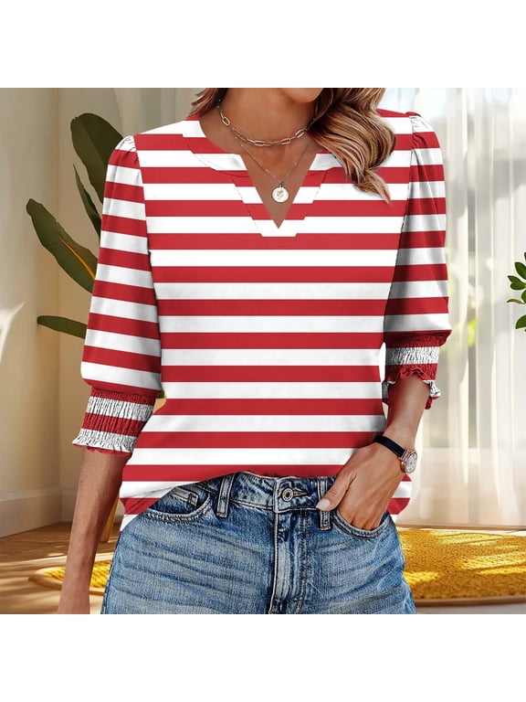 Womens V - Neck 3/4 Sleeve Top, Red & White Striped Print Shirt, Classic for Summer Casual Wear & Picnics