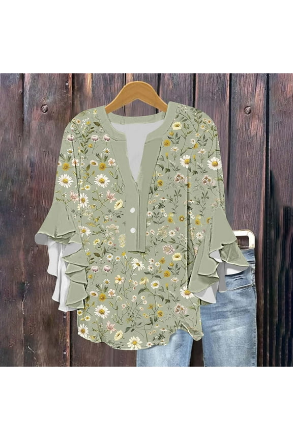 Womens V-Neck Botanical Print Top - Summer Essential Blouse with Leafy Greens/Cream Base | Wrinkle-Resistant Fabric, Tab Sleeves | Versatile Wear for Work/Weekend