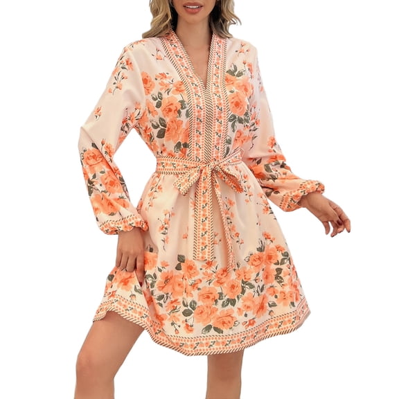 Njagoc3 Womens V-Neck Floral Loose Fit Dress - Short Sleeves, Tie Detail, Lightweight Breathable Fabric, Summer Boho