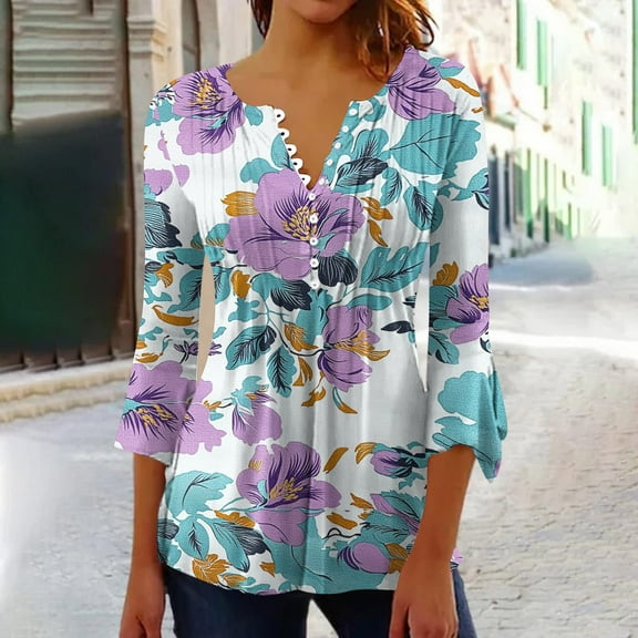 Njagoc3 Womens Tie-Dye Gradient V-Neck 3/4 Sleeves Top, Stretchy Polyester, Summer Music Festivals, Casual Hangouts & Fall Transition