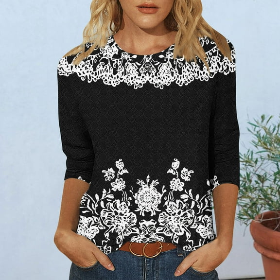 Njagoc3 Womens V - Neck Flowy Tunic, 3/4 Flared Sleeve Top with 3D Floral Appliqués, Lightweight for Summer&Fall Gatherings