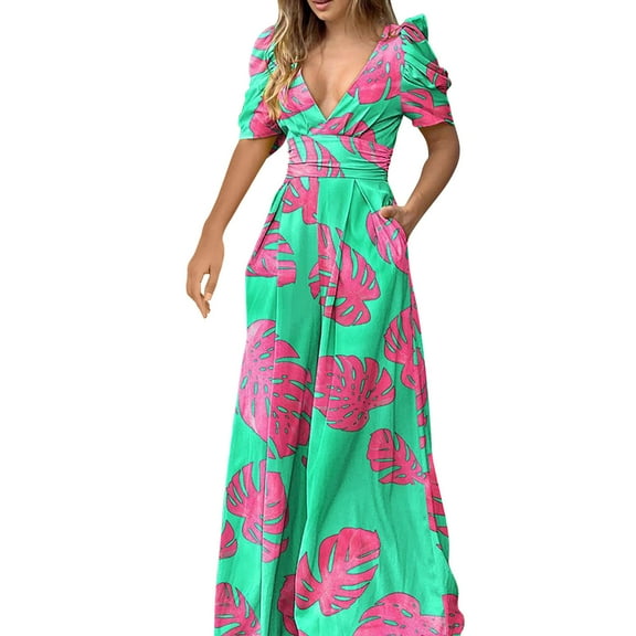 Njagoc3 Womens V-Neck Ruffled Bold Floral Maxi Dress for Summer Vacations & Garden Parties
