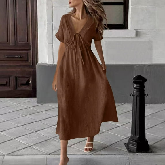 Njagoc3 Womens V - Neck Short Sleeve Dress, Solid Color 6 - Pack for Summer Wardrobe