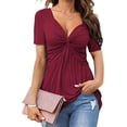 thumbnail image 1 of Njagoc3 Womens V-Neck Solid Color Casual T-Shirt with Ruffled Bow Accent, Lightweight Scoop Neck Artistic Tops Stretchy Fit Y2K Aesthetic Summer Streetwear Fashion, 1 of 6