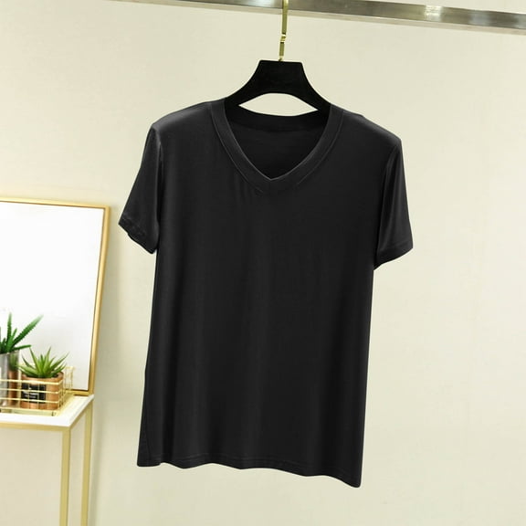 Njagoc3 Womens V-Neck Solid Short Sleeve T-Shirt Summer Loose Casual Basic Slim Fit