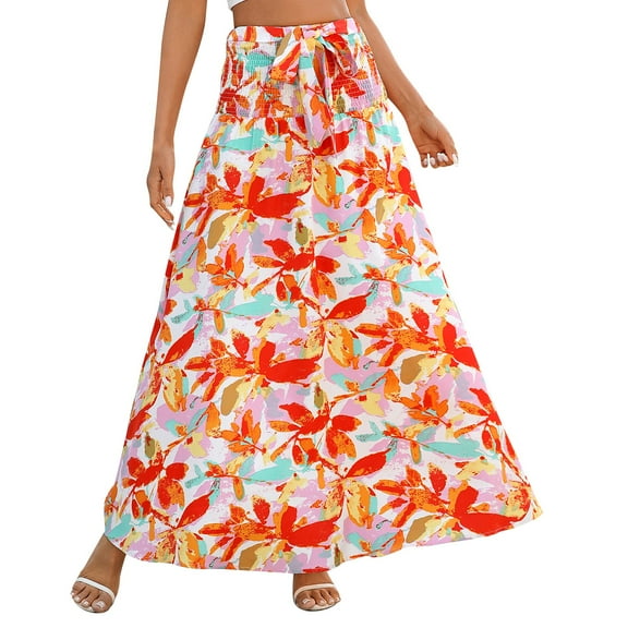 Njagoc3 Womens Vibrant Abstract Print Chiffon Flowy Maxi Skirt for Summer Vacation Casual Outings