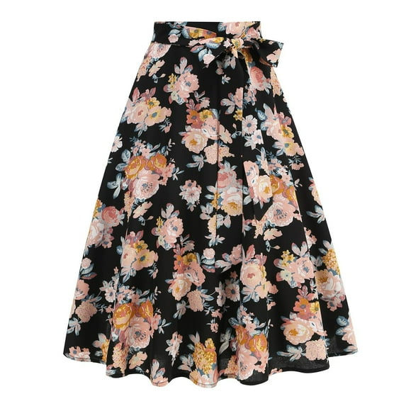 Njagoc3 Womens Vintage Floral Print High - Waisted Flowy Midi Skirt for Wedding Guest Party Events