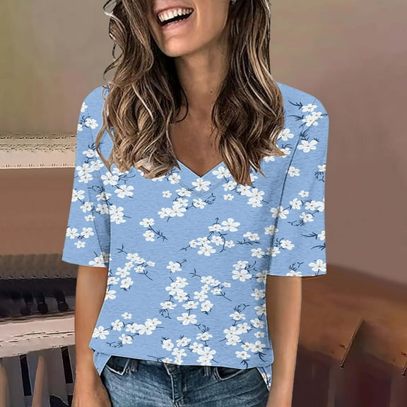 Njagoc3 Womens Vintage Floral Print V-Neck T-Shirt Soft Cotton Retro Short Sleeve Blouse