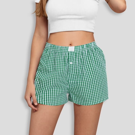 Njagoc3 Womens Vintage Plaid Elastic Waist Shorts - Comfy for Summer Homewear