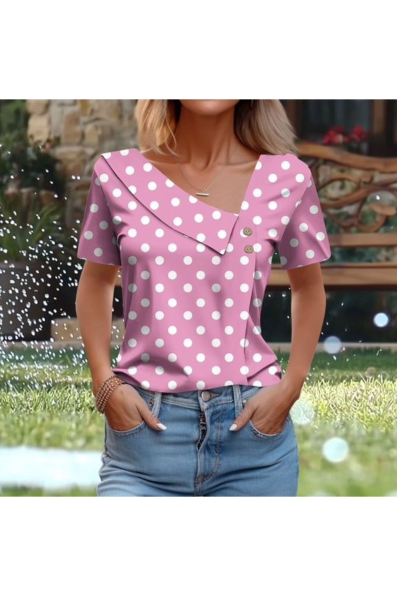 Womens White Polka Dot Top - Navy Base with Contrast Dots | Soft Knit Fabric, Cap Sleeves | Retro-Inspired Casual Wear for Weekend/Brunch