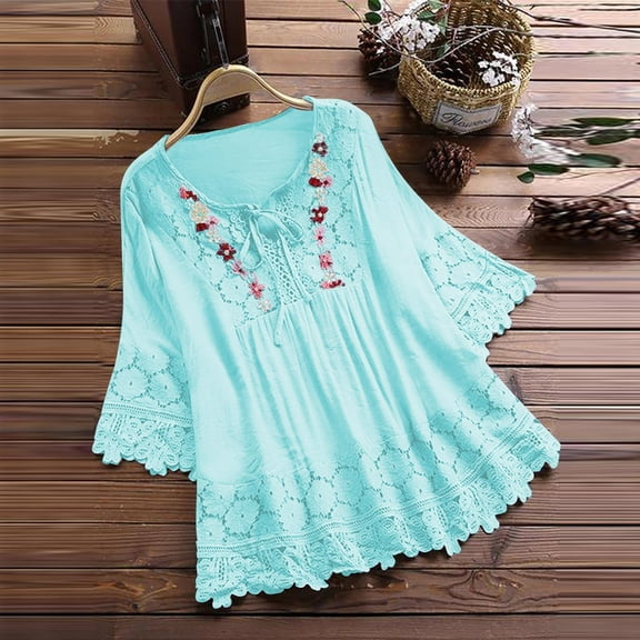 Njagoc3 omen's Relaxed Fit Summer Top with Short Sleeves with Embroidery and Side Slits Breathable Fabric for Relaxed Day