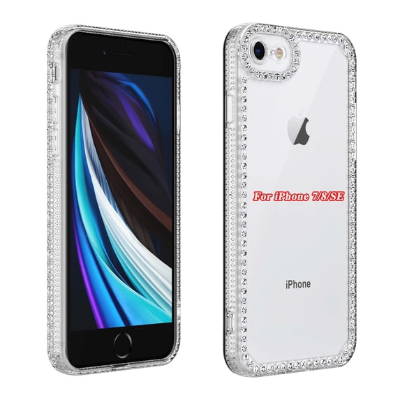 Njes Case for iPhone 7/iPhone 8, Glitter Crystal Clear Bling Diamond Rhinestone Bumper Anti Scratch Ultra Slim Skock Absorption Technology TPU Protective Cover Case -White
