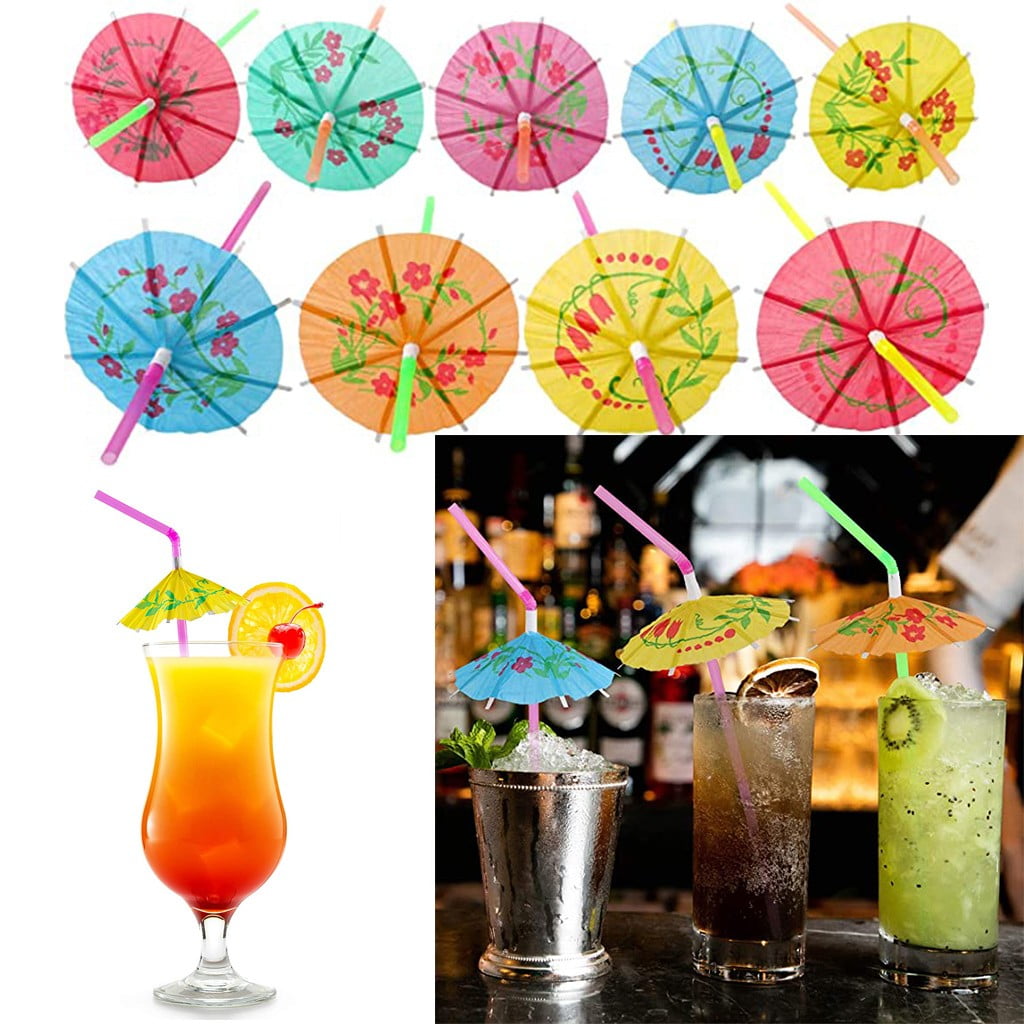 Njide Straws, 300pcs Umbrella Disposable Drinking Straws For Luau Hawaii Party Big Straw, Paper Colored Straws, Fun Extra Long Flexible Straws For Beverage