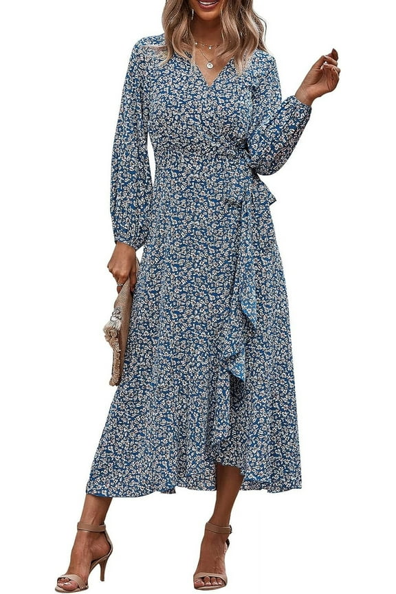 Women's Long Sleeve Vintage Wrap Dress Floral Print V-Neck Maxi Dresses with Belt