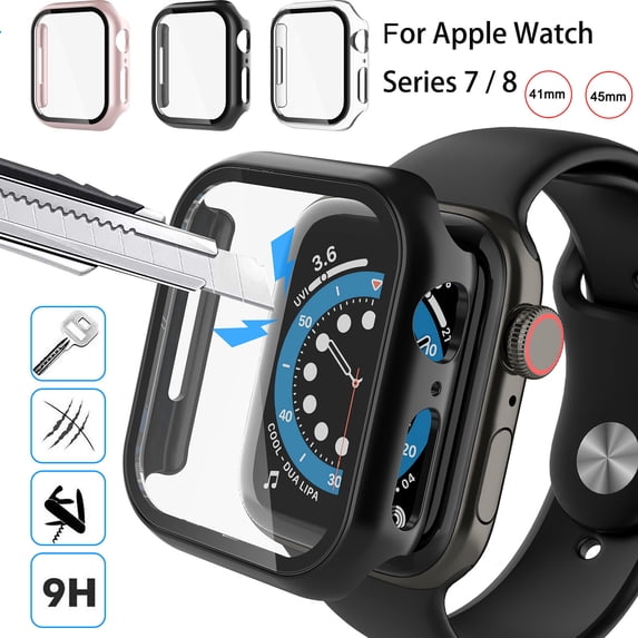 Njjex for Apple Watch Screen Protector Case Series 8 7 45mm; iWatch Protective Face Cover; Tempered Glass Film Hard PC Bumper for Women Men; Ultra-Thin Guard - Black