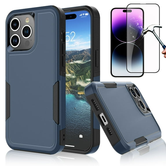 Njjex for Apple iPhone 15 Pro Max 2023 Phone Case,360°Full Body Shockproof Heavy Duty Protection With Tempered Glass Screen Protector Case Cover for iPhone 15 Pro Max 6.7" 2023 (Blue)