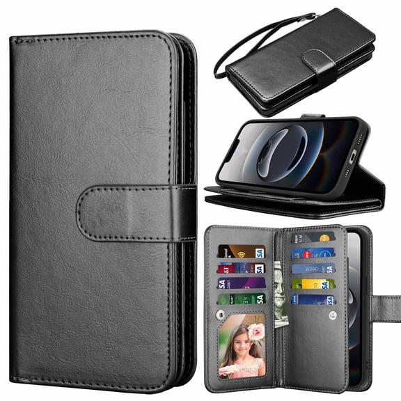 Njjex For Apple iPhone 16e Wallet Case, Luxury PU Leather [9 Card Slots] Folio Cover with Detachable Magnetic Hard Case + Kickstand & Wrist Strap - Black