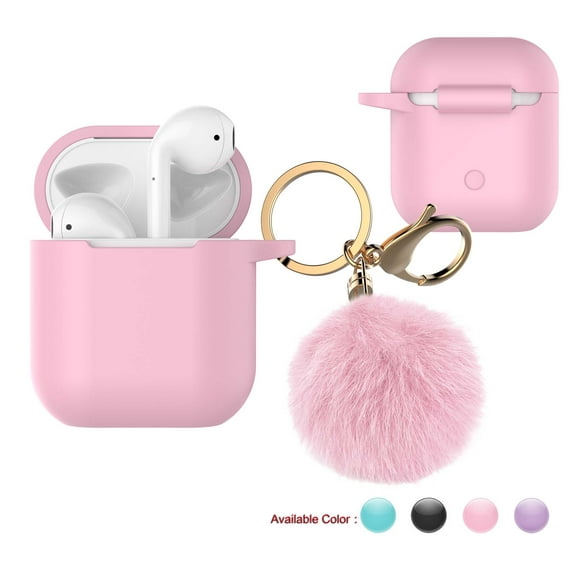 Njjex Case Skin for Airpods 1 & 2 & Pro, Silicone Charging Case Cute Cover with Golden Keychain + Soft Fur Ball for airpods 1st & 2nd & 3rd -Pink