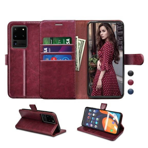 Njjex Case Wallet 2020 Galaxy S20 Ultra S20 S20+ S20 Plus 5G, Galaxy S20 S20 Ultra Wallet Case RFID Blocking Card Slot Stand PU Leather Magnetic Protect Flip Cover [Gift Box] -Wine Red